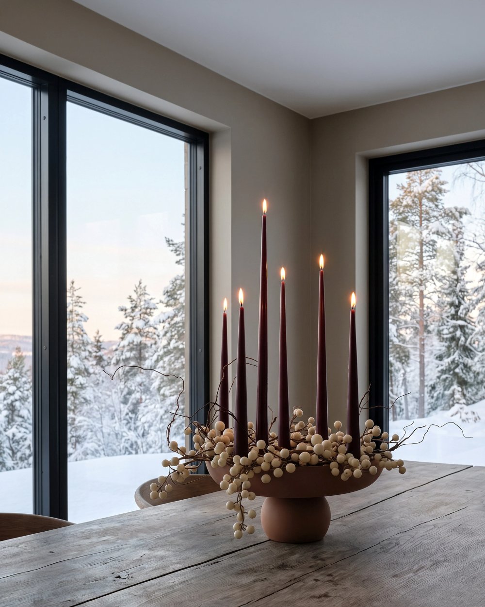 Large Baburu Bowl in Chocolate Brown by 101 Copenhagen, styled with tall black taper candles and white berry branches on a rustic wooden dining table, with snowy woodland views through the windows.