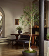 Tall faux green bottle tree displayed in a low, rounded grey planter with moss covering the base, bringing height and sculptural greenery to a traditional dining room with wooden furniture.