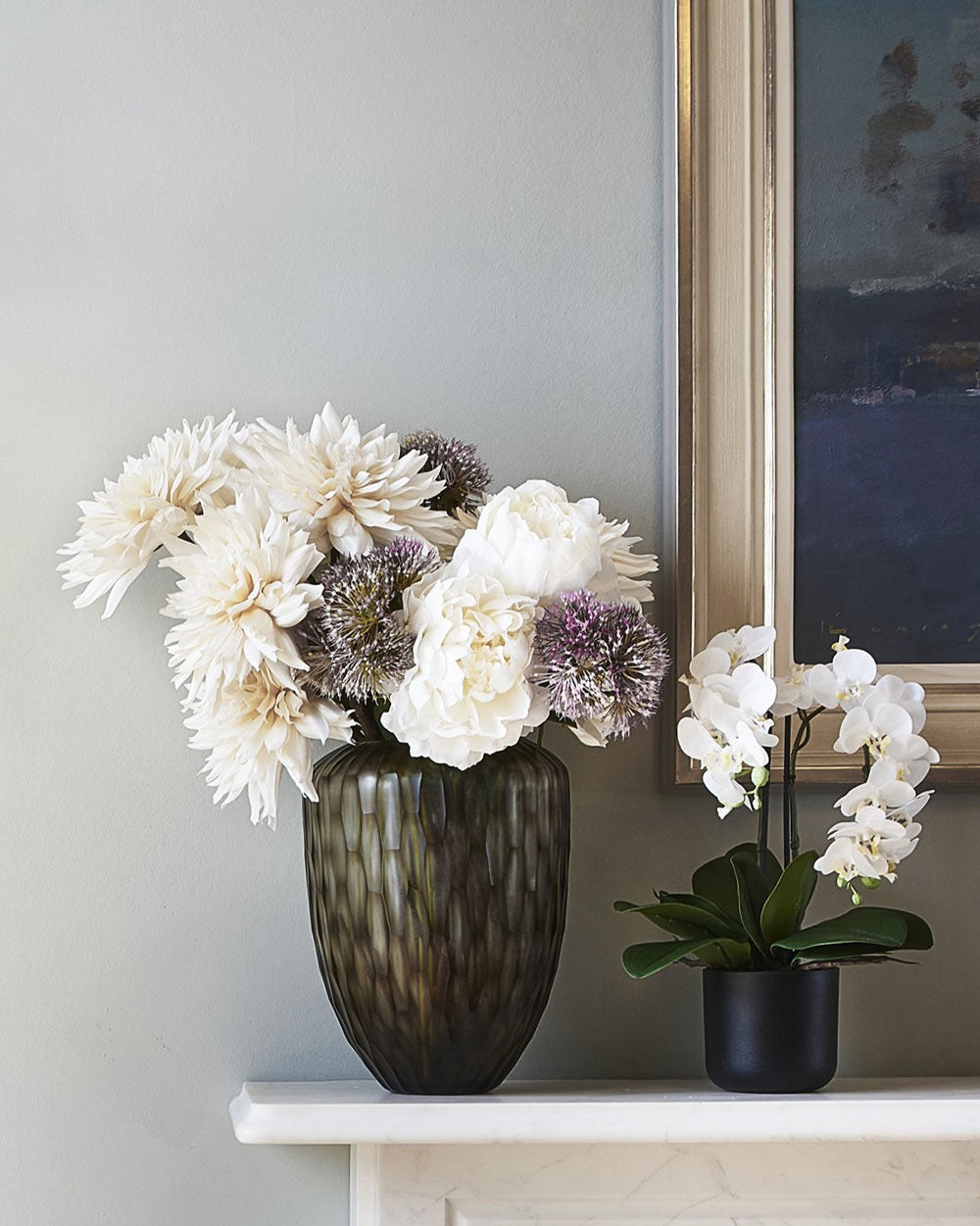 Faux Dwarf Orchid Potted, White - 35 cm