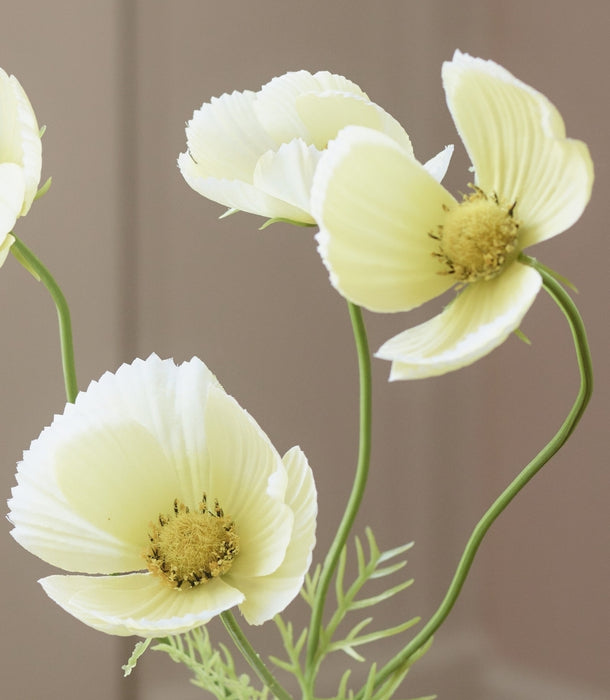 White artificial buttermilk cosmos flowers with yellow centres and green stems, arranged in a white vase against a soft beige background.