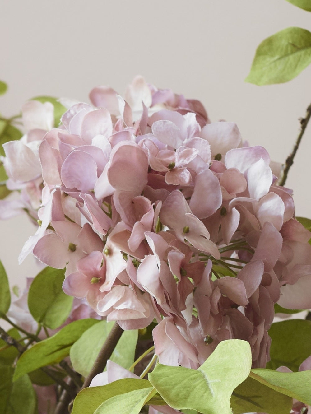 Close-up of a faux hydrangea head in dusty rose pinky mauve, delicately hand-painted leaves for natural variation with a hyper-realistic look and green leaves