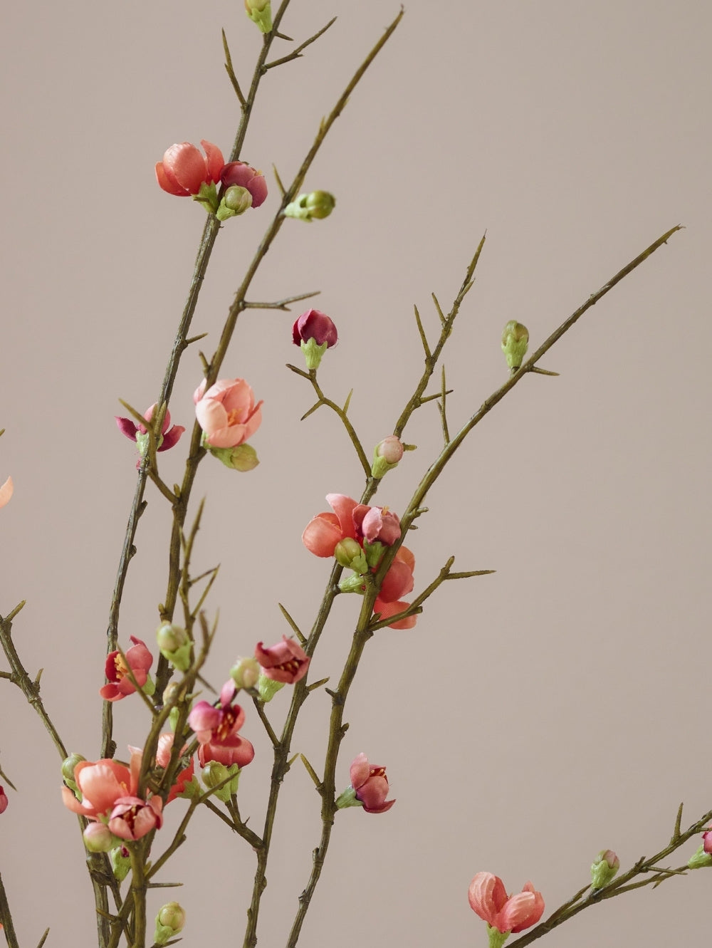 Close-up of hyper-realistic artificial quince blossom spray, featuring small orangey-pink flowers, green buds, and thorny brown stems against a solid warm beige background.