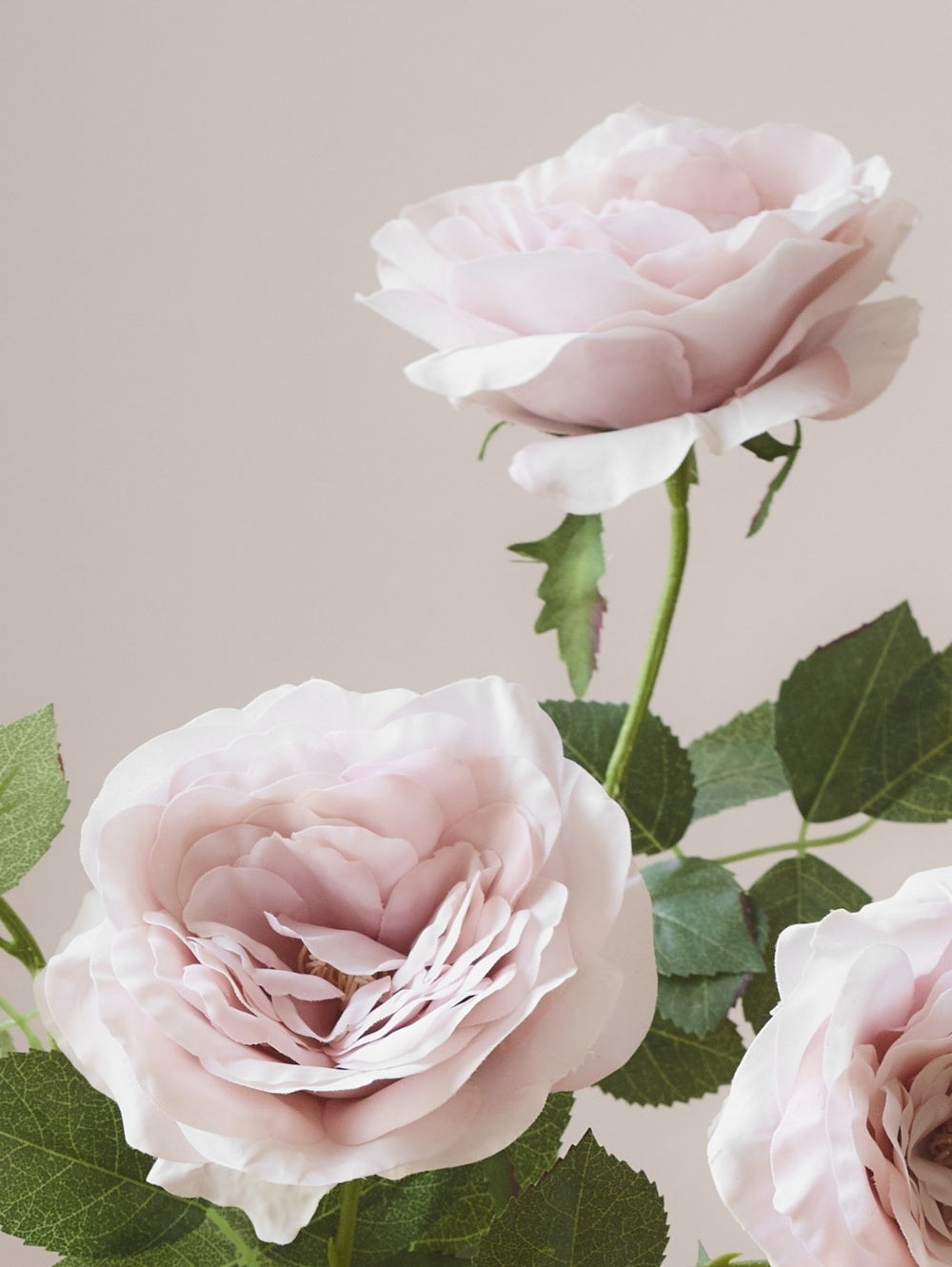 Three pale blush pink artificial roses with green stems and leaves against a soft beige background.