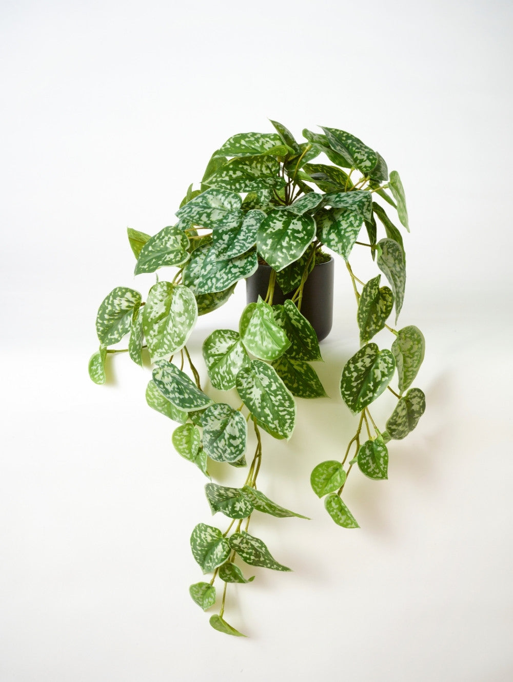An artificial trailing Scindapsus plant with variegated green heart-shaped leaves in a dark pot, photographed against a clean white background.