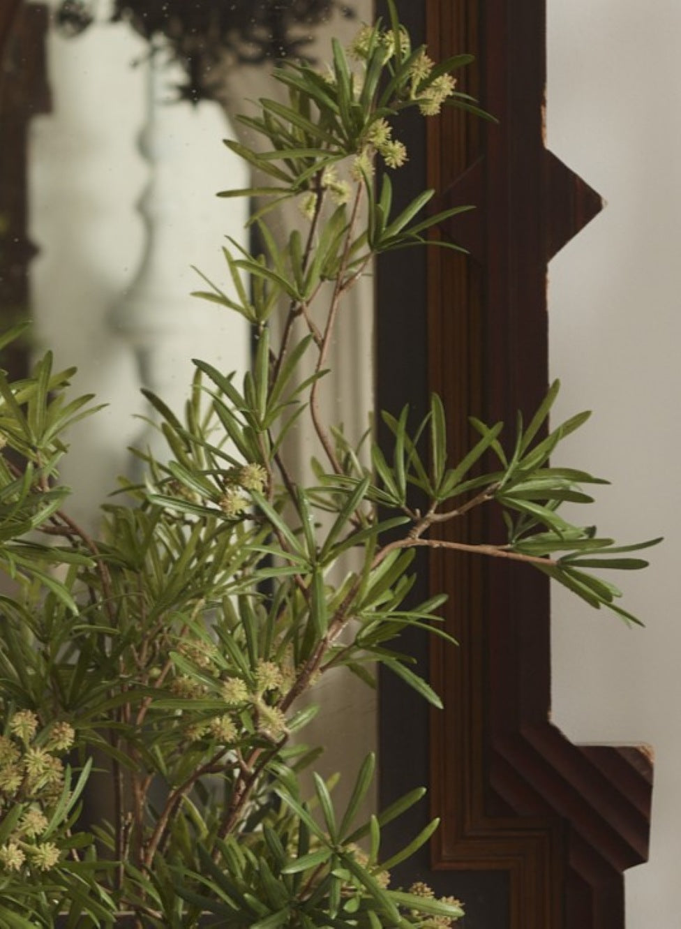 Close-up of Faux Podocarpus Green by Fake It Flowers, featuring slender needle-shaped green leaves, delicate branching stems and small clusters of buds.