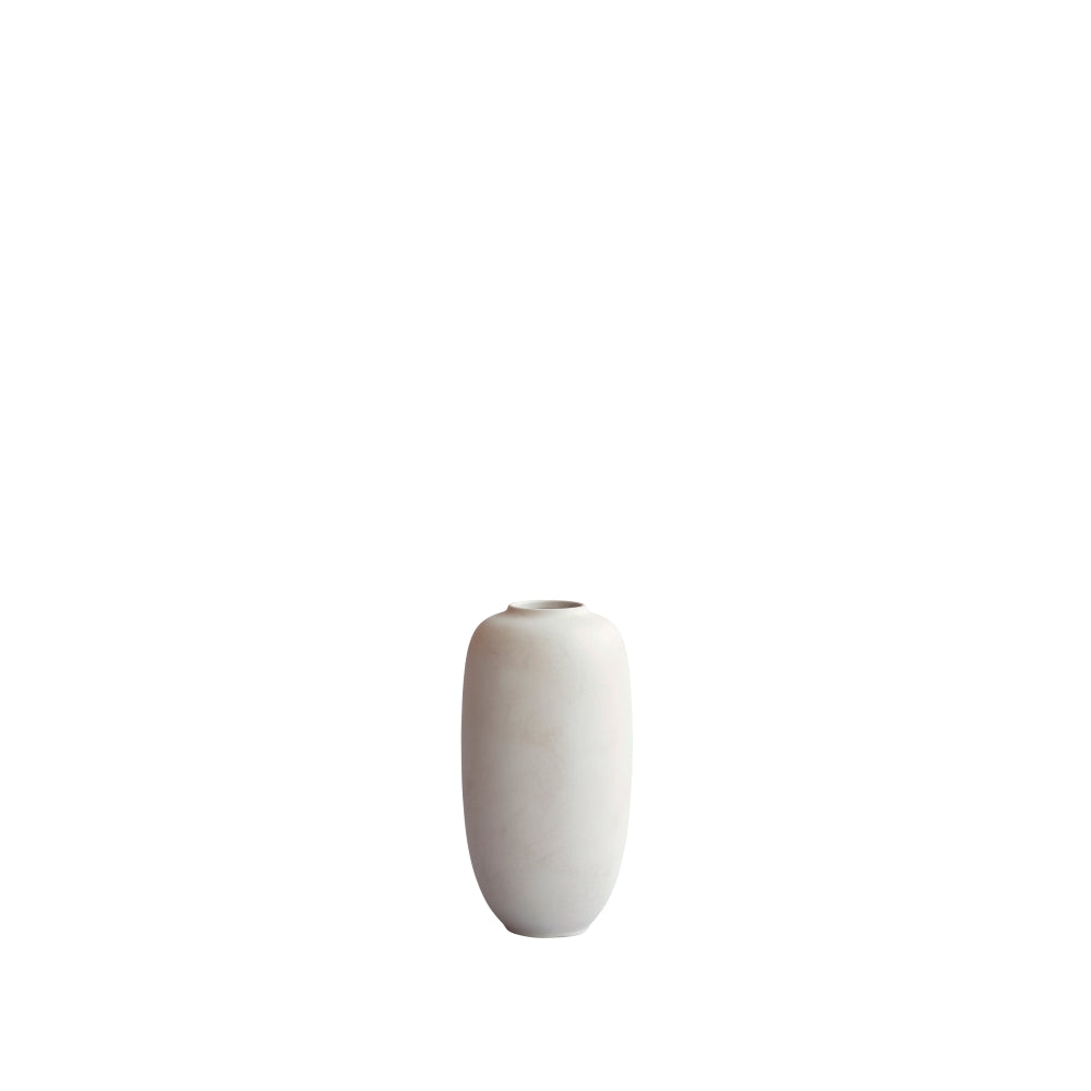 A minimalist, matte white / birch ceramic vase with a rounded, egg-shaped body and a small, wide opening at the top. Style with faux flowers.