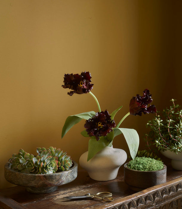 A Faux Parrot Tulip in rich burgundy (65cm) stands in a white vase on a wooden table beside succulent and moss bowls. Small gold scissors rest nearby, all set against a warm yellow wall.