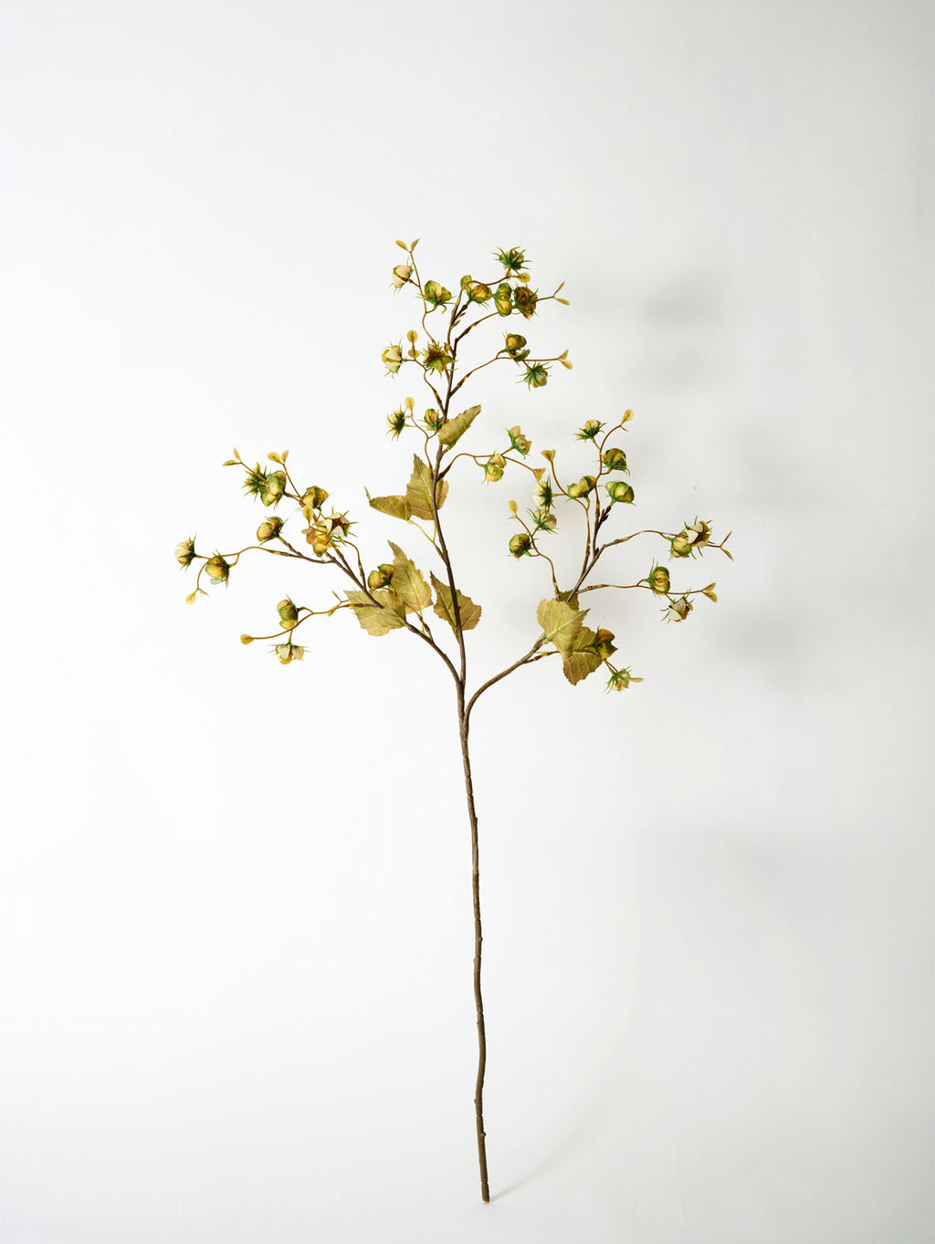 A single tall Faux Winter Cherry stem in green (92 cm) with small greenish-yellow buds and a few light brown leaves, set against a plain white background.